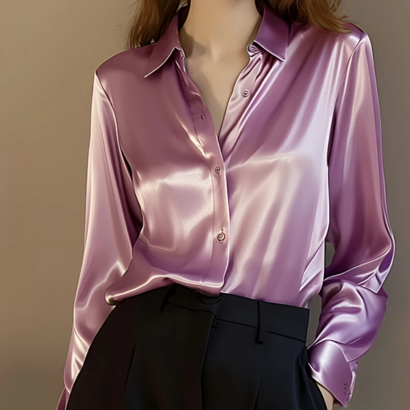 2024 Summer Trend Fashion Women\'s Casual Elegant Satin Long Sleeved Shirt Office Women\'s Shirts And Blouses Slim Femal Clothes