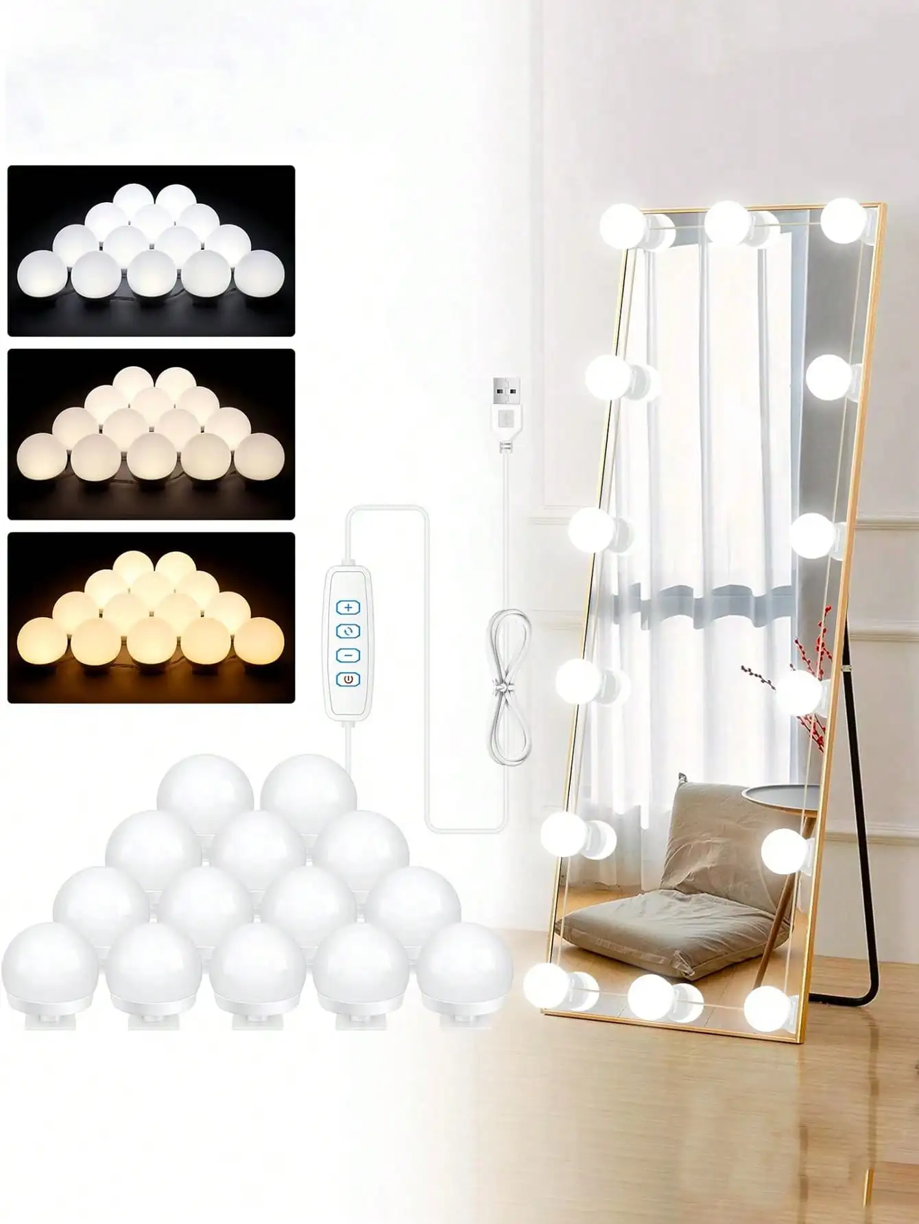 

1 USB Tri Color Adjustable Fill Light Bulb, 4/6/8/10/12/14LED Light Bulb, 3 Color Adjustable Mirror Lights, Dressing Mirror 3000K Warm 4000K Natural 6500K Daylight White Portable Makeup Mirror Light, Suitable For Makeup Mirrors, Bathroom Mirror Lighting,