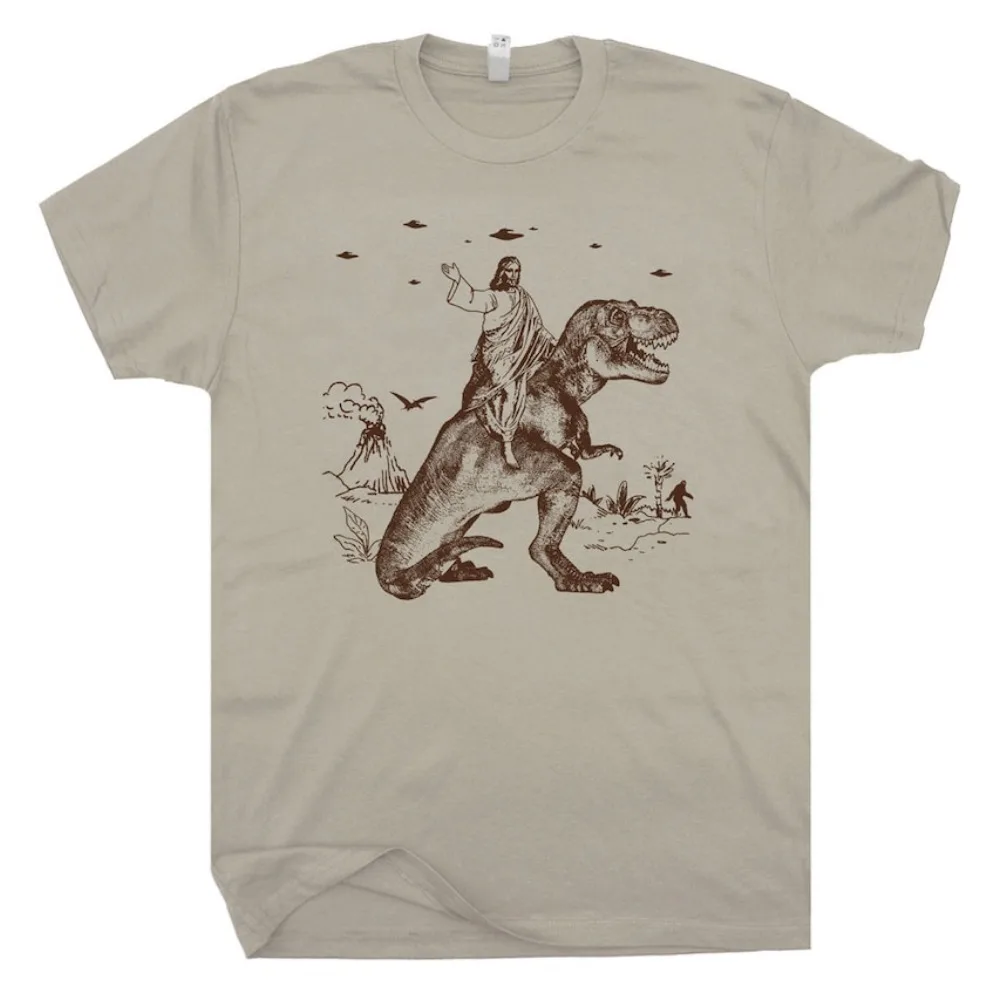 Jesus Riding Dinosaur T Shirt Funny T Shirts for Men Women T Shirt Offensive Shirt Cool Graphic Tops Streetwear Round Neck