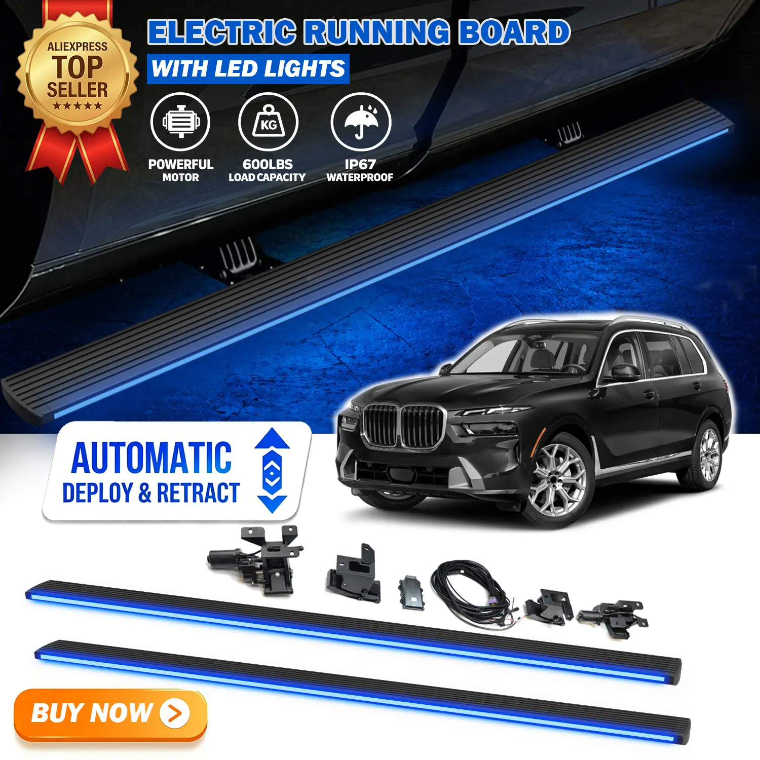 Fits BMW X7 2019-2026 Deployable Power Electric Running Boards with LED Light Strips Side Step Nerf Bars
