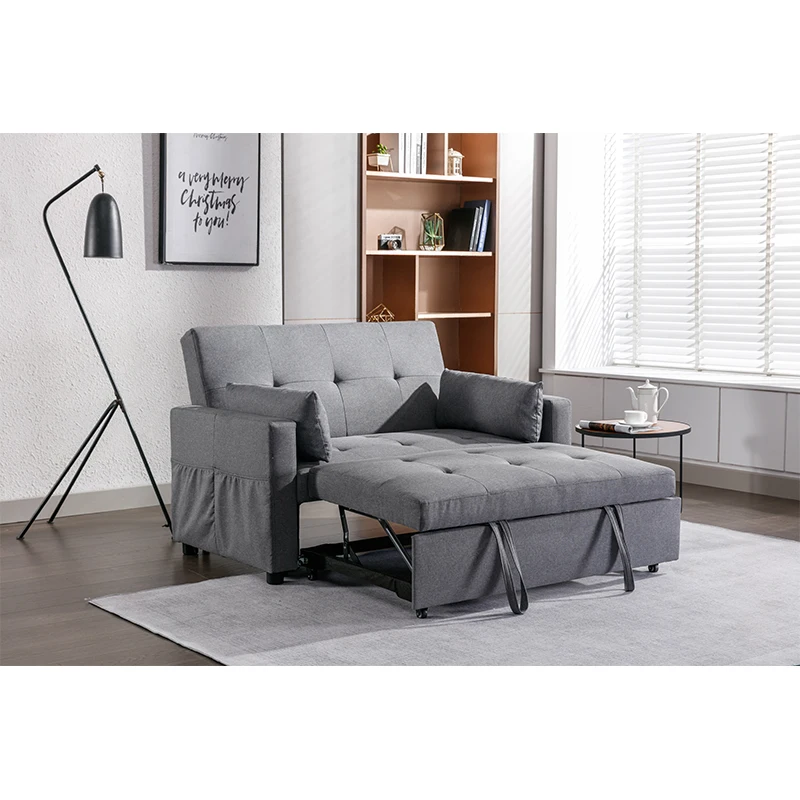 2 Seaters Slepper Sofa Bed.Dark Grey Linen Fabric 3-in-1 Convertible Sleeper Loveseat with Side Pocket.