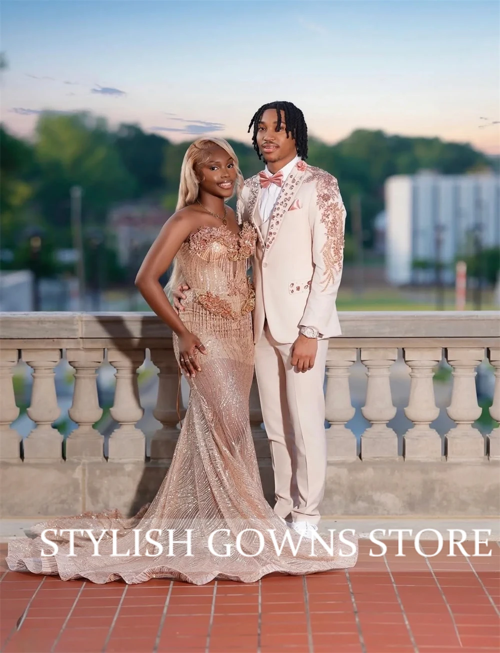 Rose Gold Long Prom Dresses For Black Girls Sweetheart Beaded Sparkly South African Evening Gowns Birthday Party Robe Customized