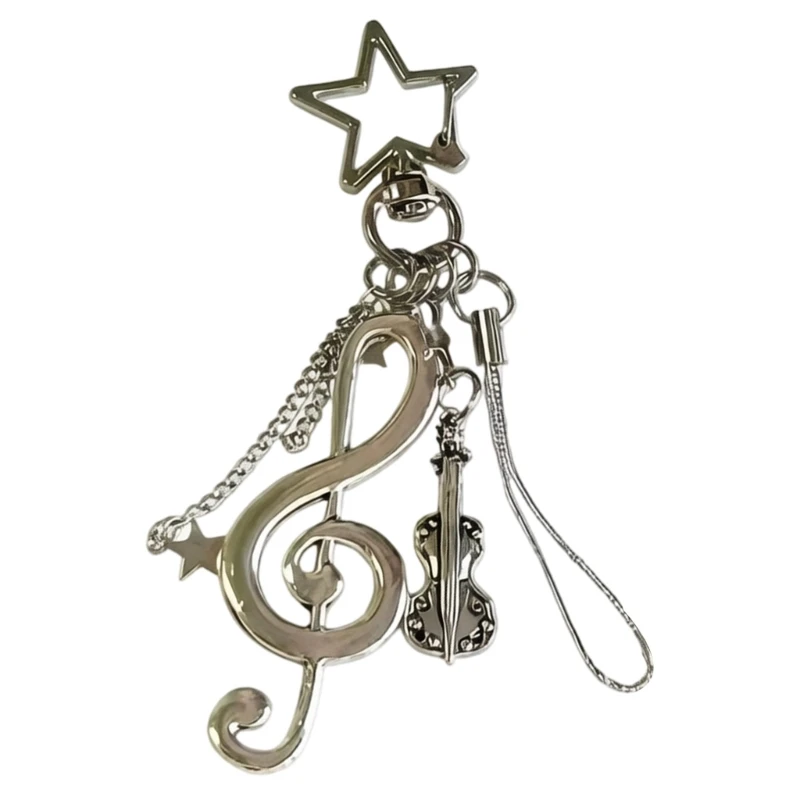 367C Silver Tone Music Bag Charm Alloy Treble Clef Keychain with Violin Pendant Chain Links and Wrist Strap Loop for Daily