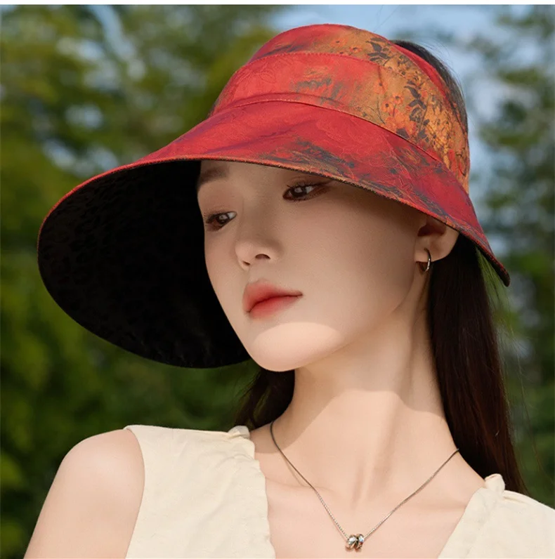 

Double-sided Wear Country Style Printed Hollow Top Hat Women's Sense Summer Large-Brimmed Sunscreen Hat Sun Hat UPF50+