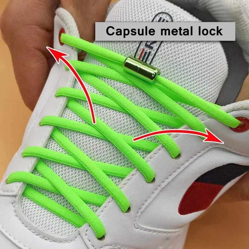 1 Pair Round Shoelaces Color Metal Lock Elastic Shoe Laces Without Ties Children Adult Lazy Shoes Lace for Sneakers 100cm/120cm