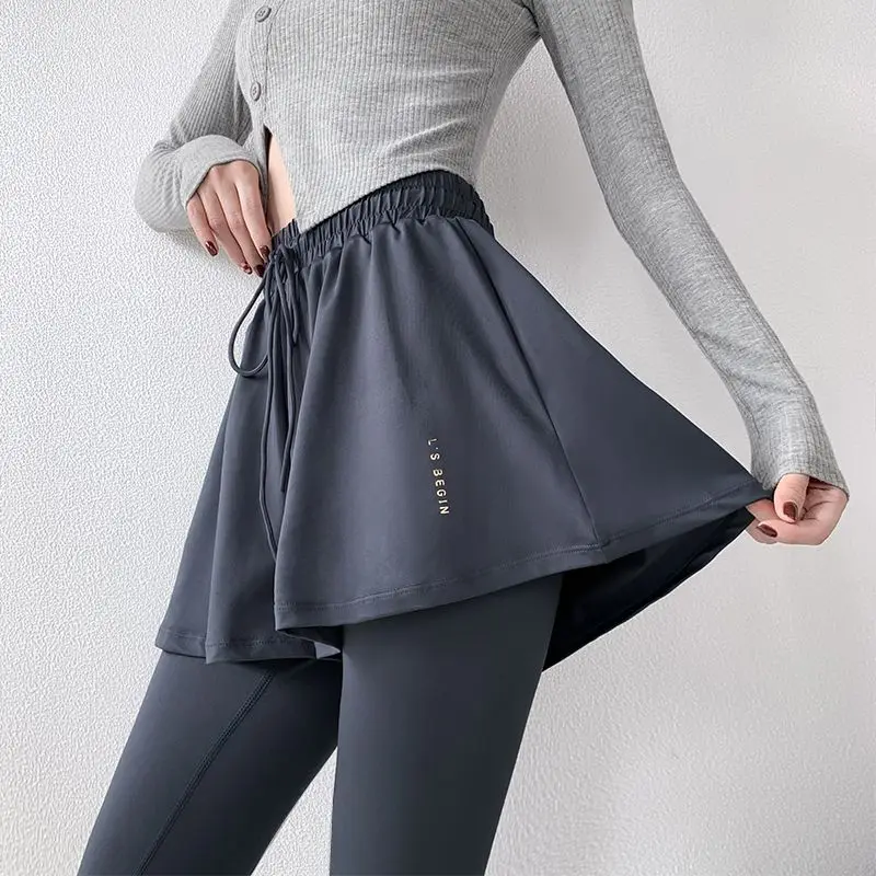 

Fake Two Pieces Spring Women High Waisted Motion Slim Trousers Solid Color Elastic Waist Drawstring Elastic Force Fitness Pants