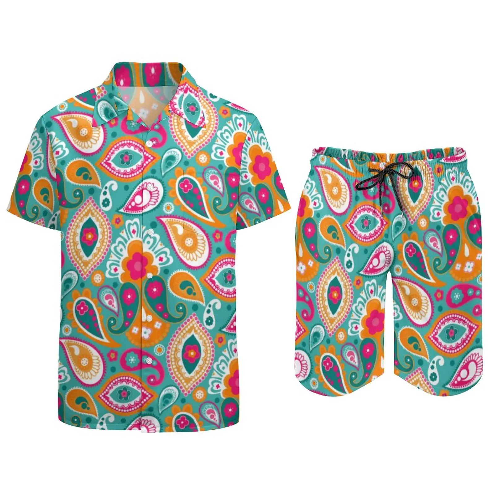 70s 60s Boho Retro Men Sets Hippy Chic Print Casual Shorts Beachwear Shirt Set Summer Hawaiian Suit Short Sleeves Oversized