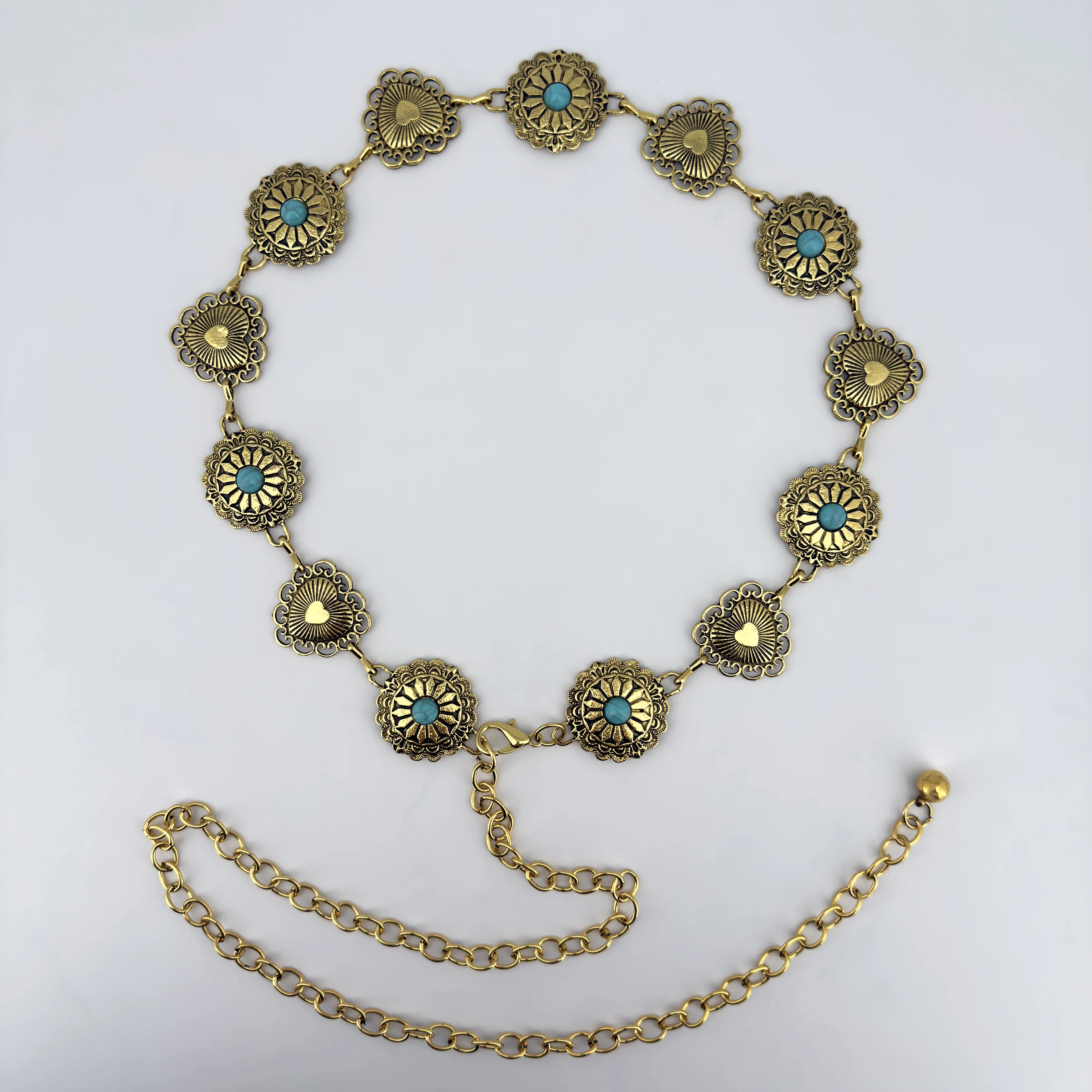 Green Turquoise Vintage Carved Women's Waist Chain Personalized Metal Belt Fashionable Versatile Accessory for Dresses