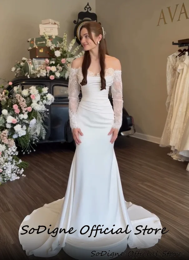 SoDigne Mermaid Satin/Lace Wedding Dresses Off Shoulder Long Sleeves Bridal Dress 2026 Bride Gown Vestidos De Novia Customized