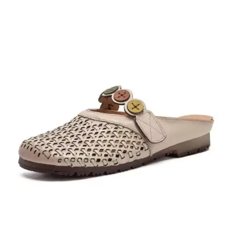 

Women Summer Flat Slippers Handmade Weave Hollow Out Genuine Cow Leather Slip On Round Toe Retro Casual Sandals Slides