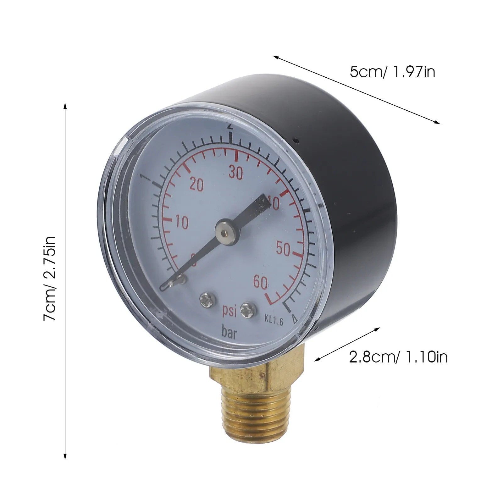 0-60 Psi 0- Npt Side Mount Pressure Gauge 50Mm Perspex Lens Metal Body Markings for De Sand Cartridge Filters Air
