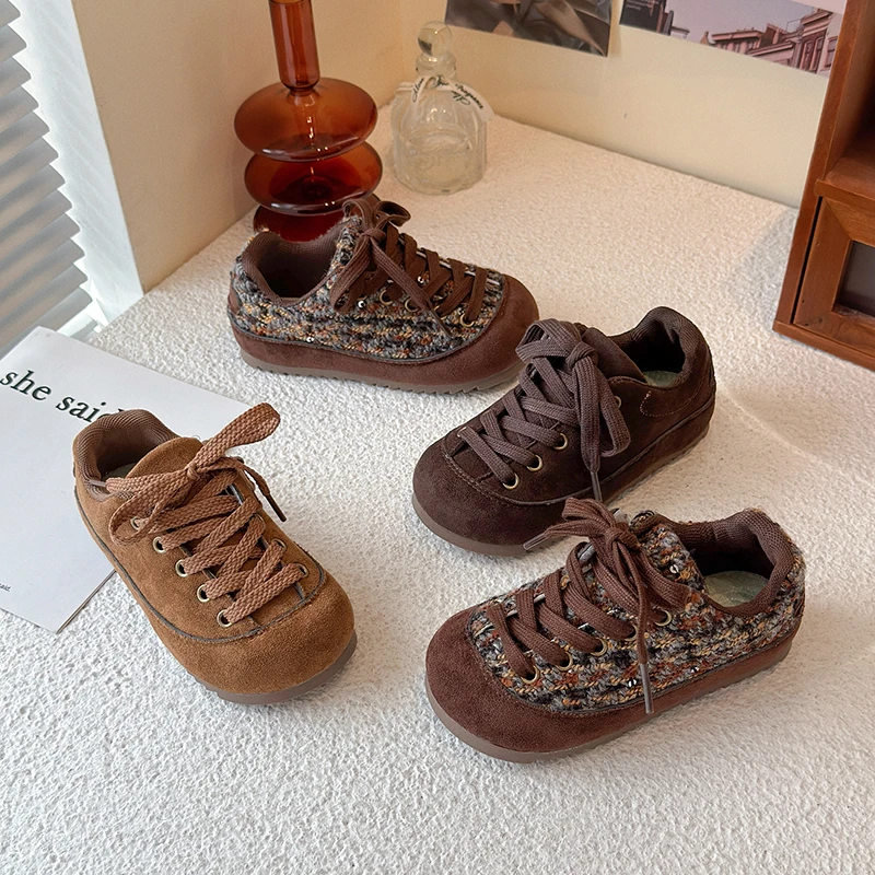 Kids Retro Casual Shoes, Boy Girl Suede Lace-up Sneakers, Soft Sole Vintage Walking Shoes, Classic Brown, Winter Fall Shoes
