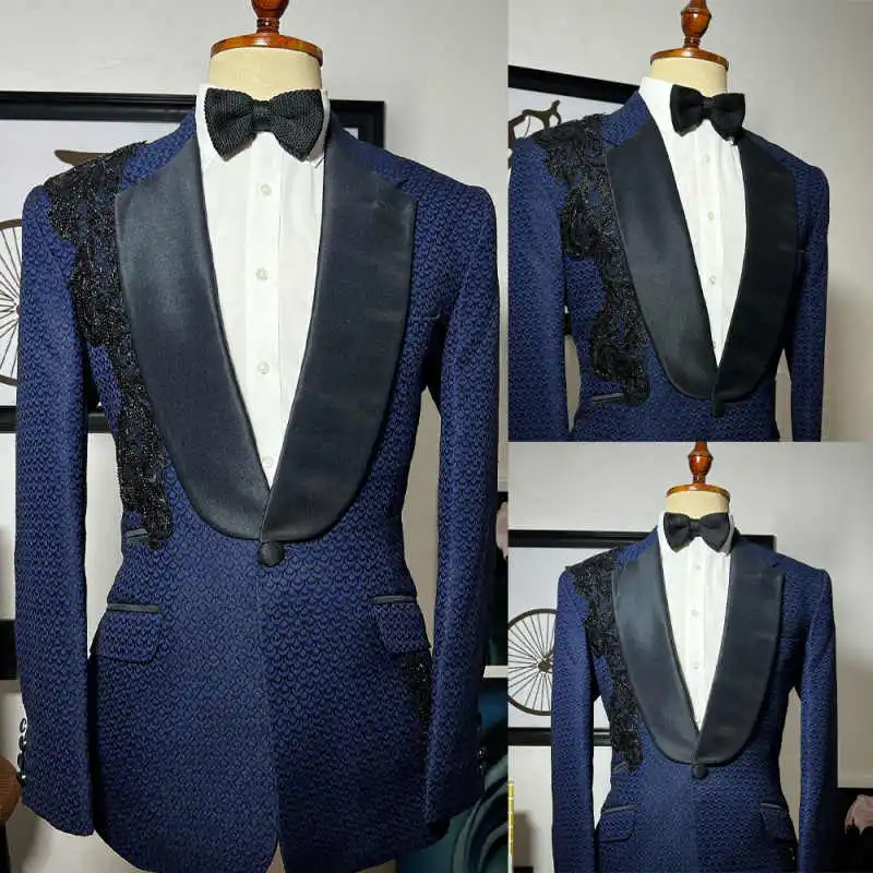 

Luxury Jacquard Men Suits Shawl Lapel One Button Jacket Sets Beaded Appliques Loose Fit Business Party Customized 2 Pieces
