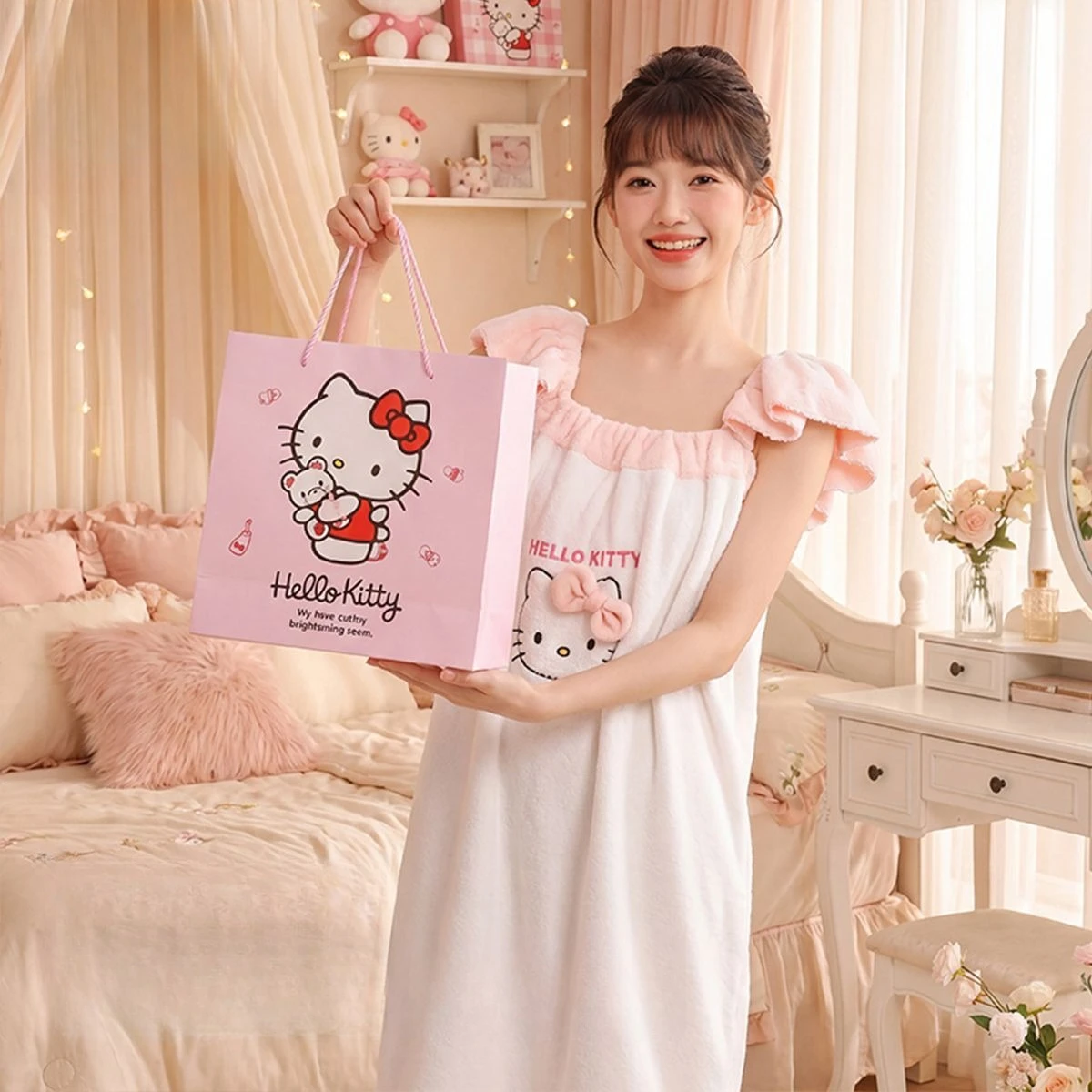

Anime Sanrio Hello Kitty Women Girls Wearable Bath Dress Strapless Wrap Towel Sling Bath Skirt for After Shower Kawaii Lovely