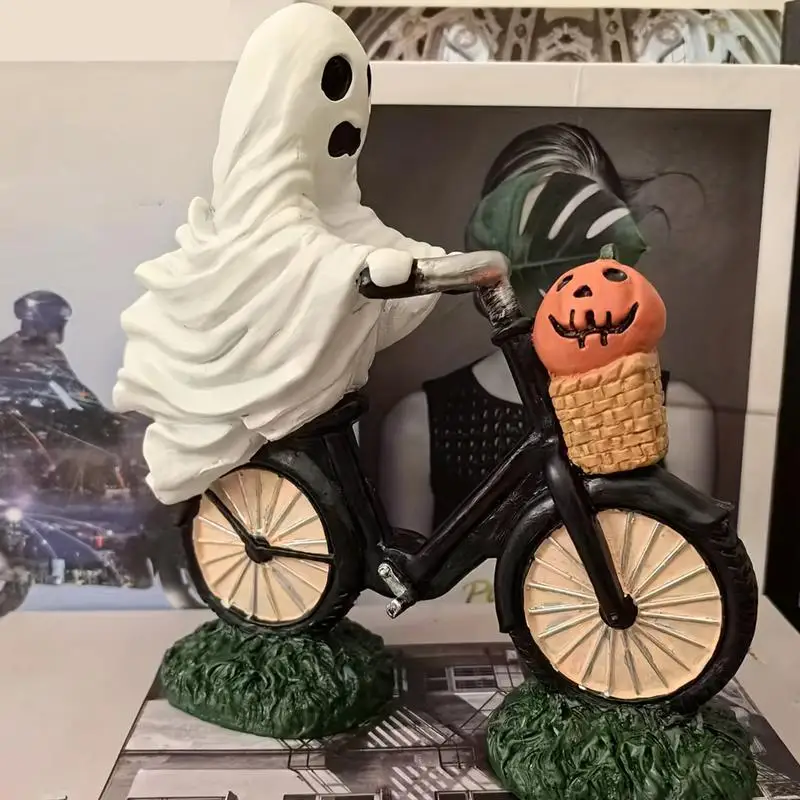 Halloween Ghost Statue Cycling Tabletop Ornament with Pumpkin in the basket Halloween Sculpture for Home Garden Decoration