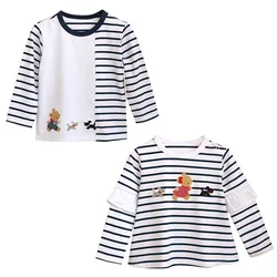 Spring Children's Casual T-shirts Boys and Girls' Tops Cartoon Bear Embroidery Tees Stripe Long Sleeved T-shirt Round Neck Shirt