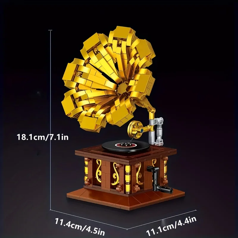 582PCS Gramophone Model Building Blocks DIY European Retro Vinyl Record Player Desktop Decoration Kids DIY Toys Holiday Gifts