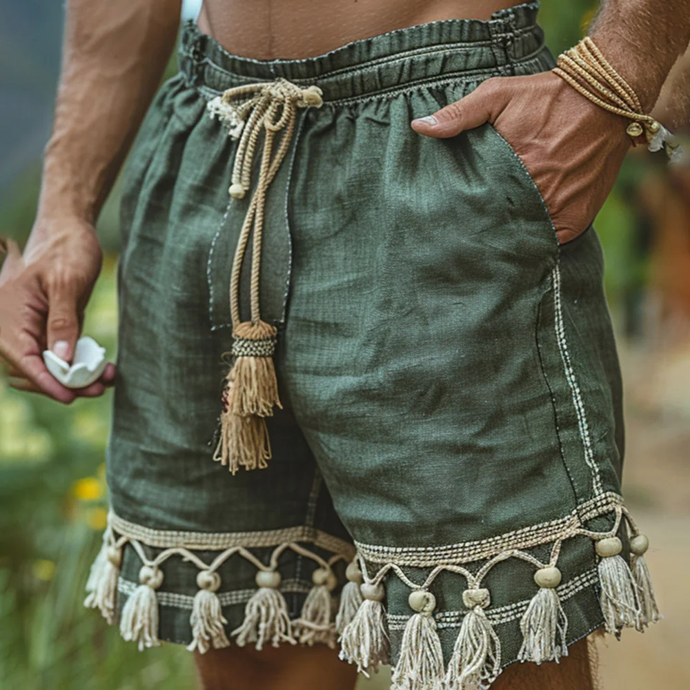 Mens Shorts Beach Boho Holiday Vacation Shorts Retro Ethnic Style Tassel Trim Shorts Unique Wear Casual Festival Shorts Summer