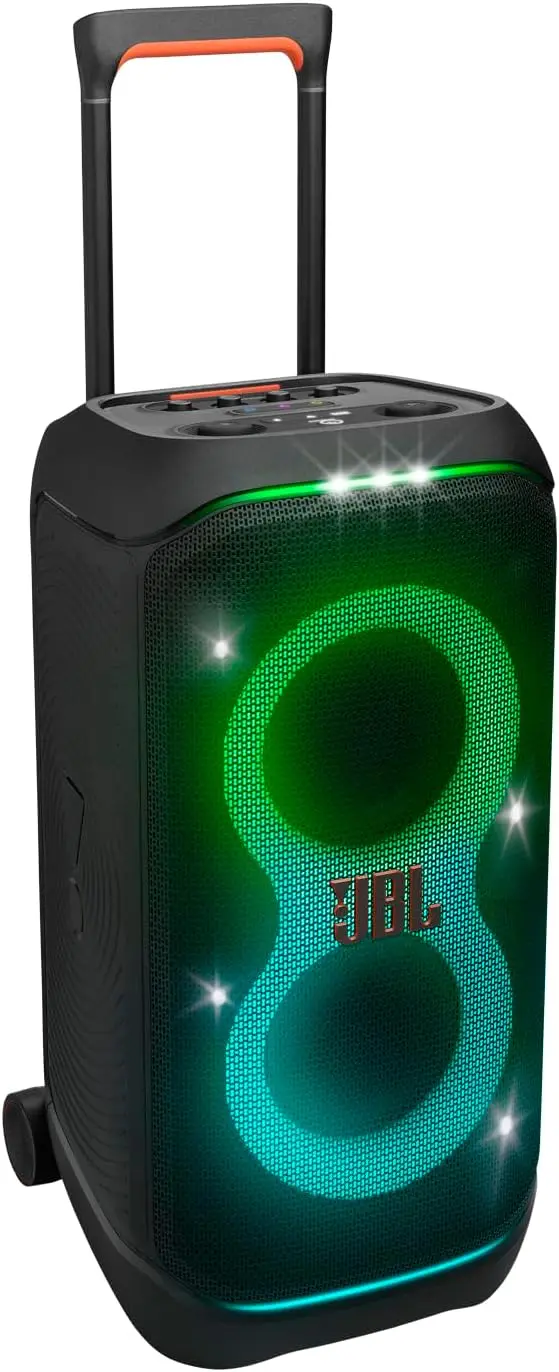 Portable Party Speaker with Telescopic Handle & Wide, Sturdy Wheels, Powerful Pro Sound, Futuristic lightshow, Up to 18 Hour