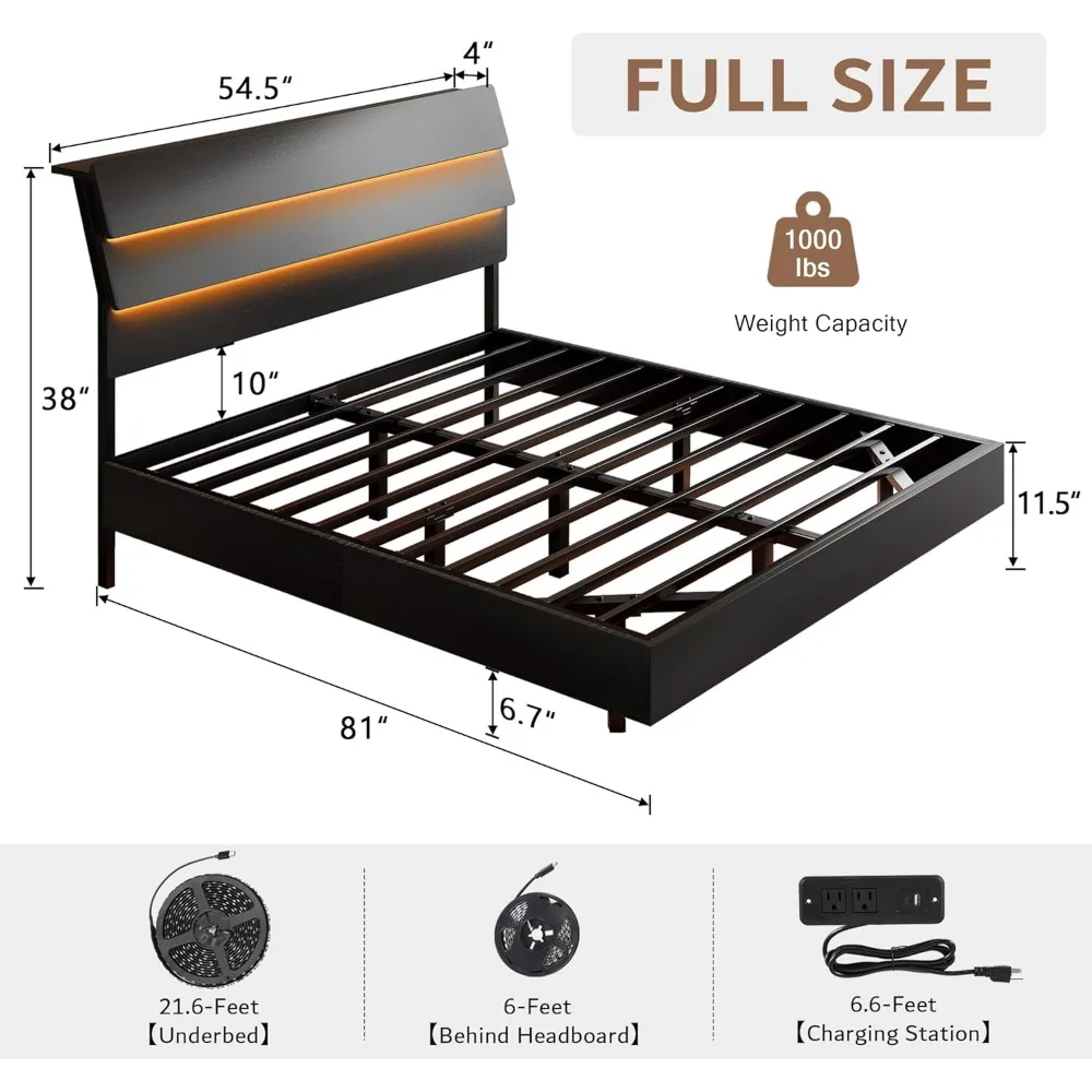 iPormis Floating Full Size Bed Frame with LED Lights & Charging Station, Platform Bed with Wooden Storage Headboard, Steel Slats