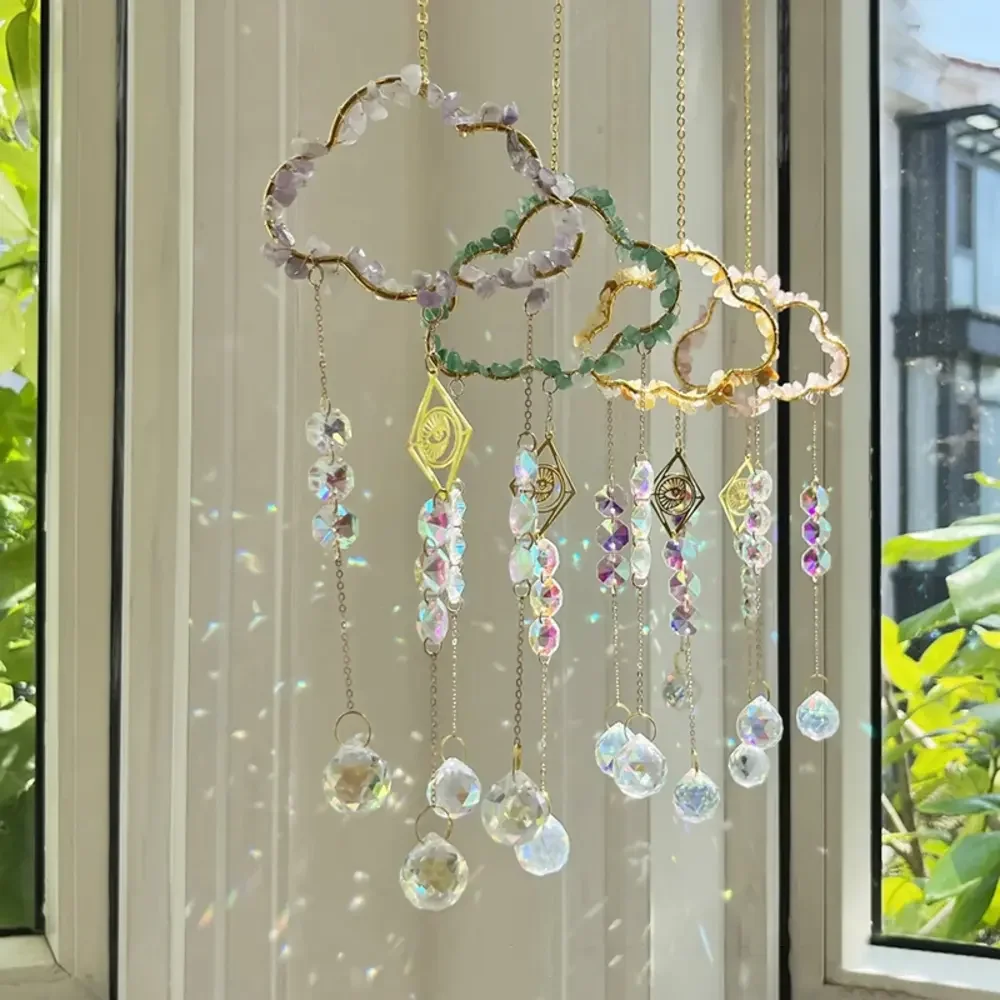 

k9 Crystal Suncatcher Cloud Shape Pendant with Natural Stone Prism Rainbow Maker Sun Catcher Home Art Craft Hanging Outdoor Deco