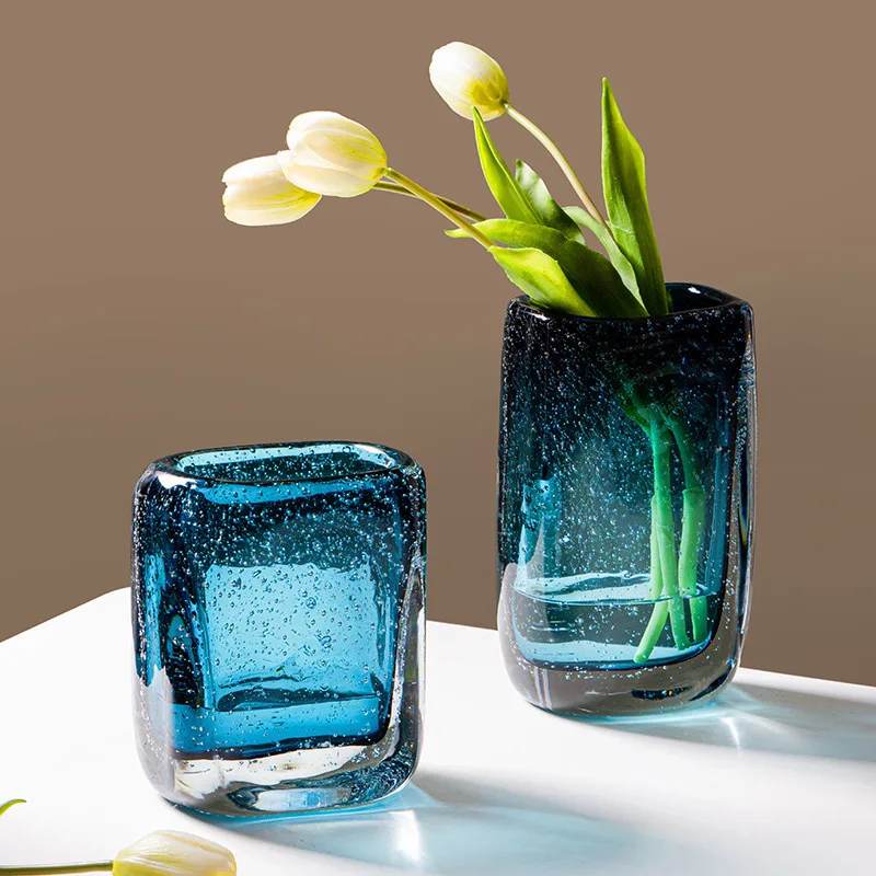 Blue Glass Vase Bubble-thick Glass Bottle Hydroponics Terrarium Flower Vase Square Geometric Flowerpot Home Decoration