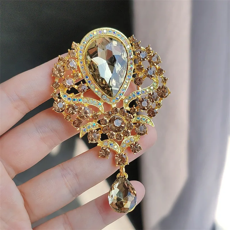 Luxury Elegant Large Crystal Water-drop Brooches for Women Vintage Fashion Pendant Style Elegant Wedding Pins Party Jewelry