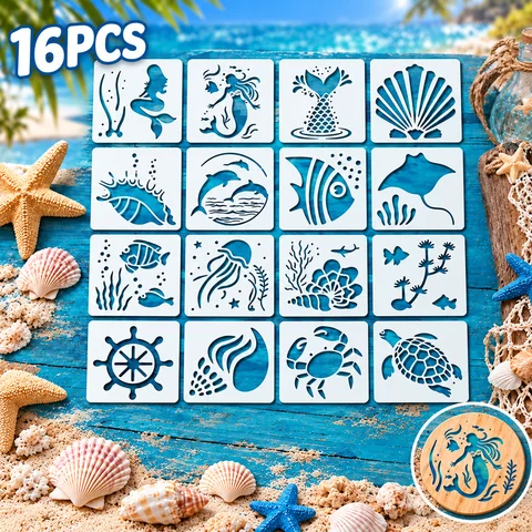 16PCS Ocean Animal Stencils Mermaid Dolphin Turtle Fish Reusable Painting Templates for Wood Wall Fabric DIY Crafts Home Decor