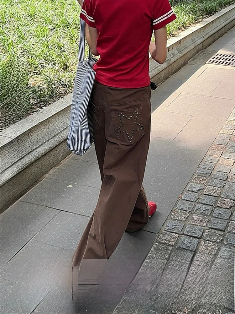 

Американские джинсы с высокой талией, прямые, коричневые, с пэчворком, повседневные, женские, осенне-зимние, новые, маленькие размеры, с высокой талией, Spe...