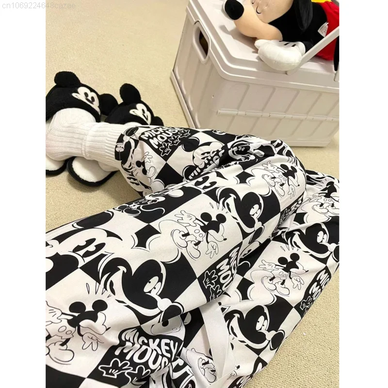 Disney Mickey New Korean Style Casual Home Pants Loose Straight Black White Plaid Trousers For Women Spring Soft Thin Pants Y2k