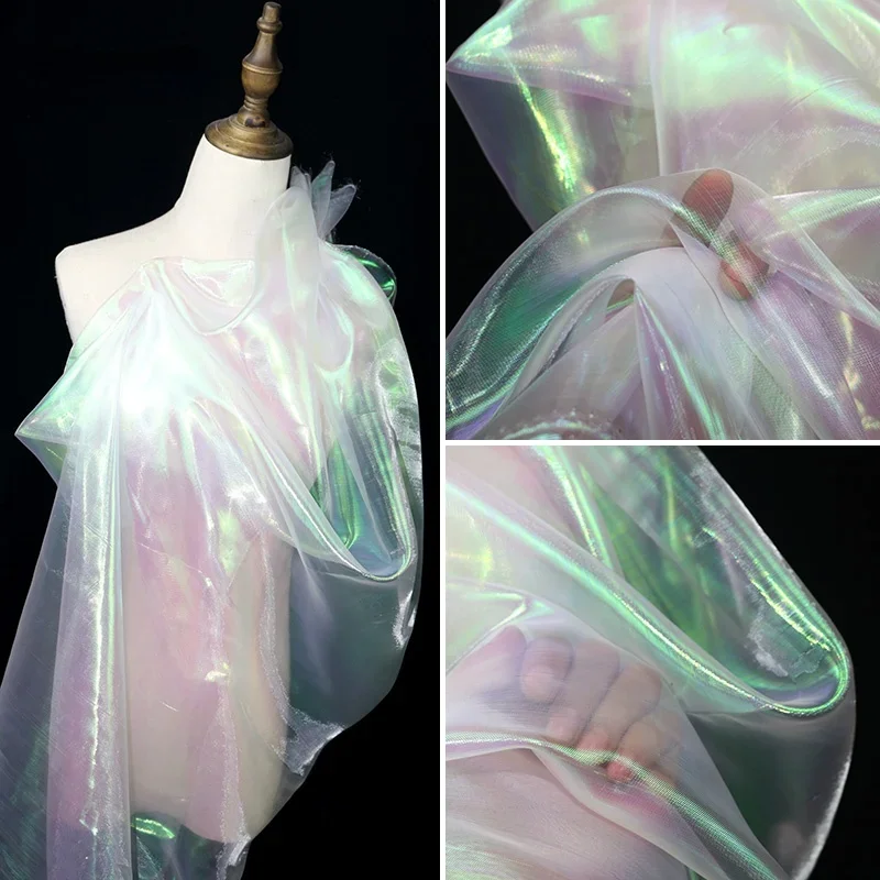 

5meters designer Fluorescent Fabrics Colorful Shiny Gauze Fabric Stage Wedding Decor Voile Transparent Holographic Fabric