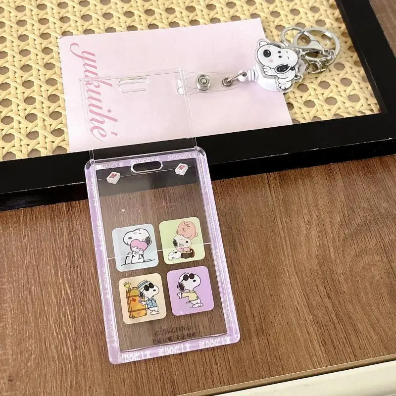 Kawaii Peanuts Snoopy Charlie Brown Id Card Holder Transparent Anti Loss Acrylic Card Cover Key Chain Bag Pendant Gift For Girls