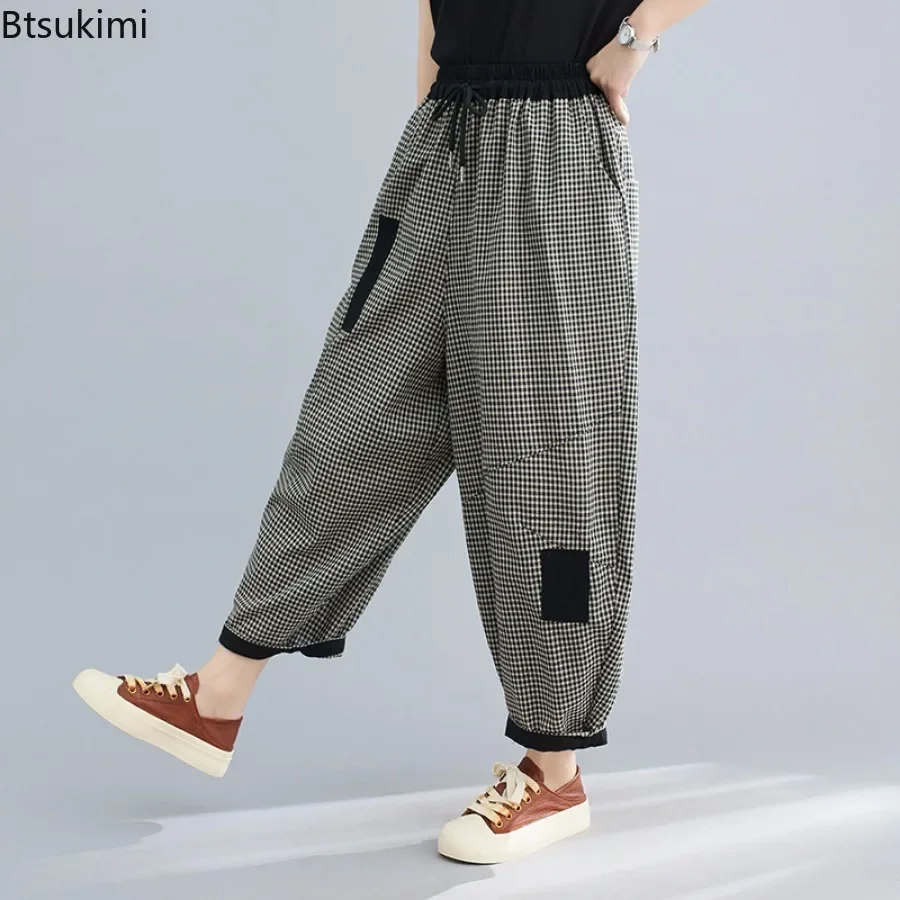 2024 Spring Korean Style Bloomers Women\'s Vintage Plaid Loose Ankle-length Pants Fashion Cotton Linen Casual Trousers for Women