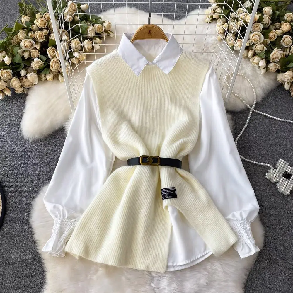 Women\'s Autumn Winter Split Sweater Vest White Shirt Set Lady Fashion Flare Blouse Knit Tank Tops with Waistbelt Knitwear Female