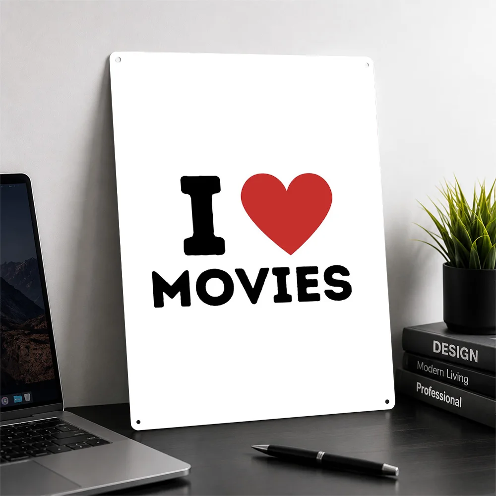 I Love Movies Simple Heart Personalized 3D Textured Metal Poster Wall Art Tinplate Sign for Article Decoration Room Decor Luxury