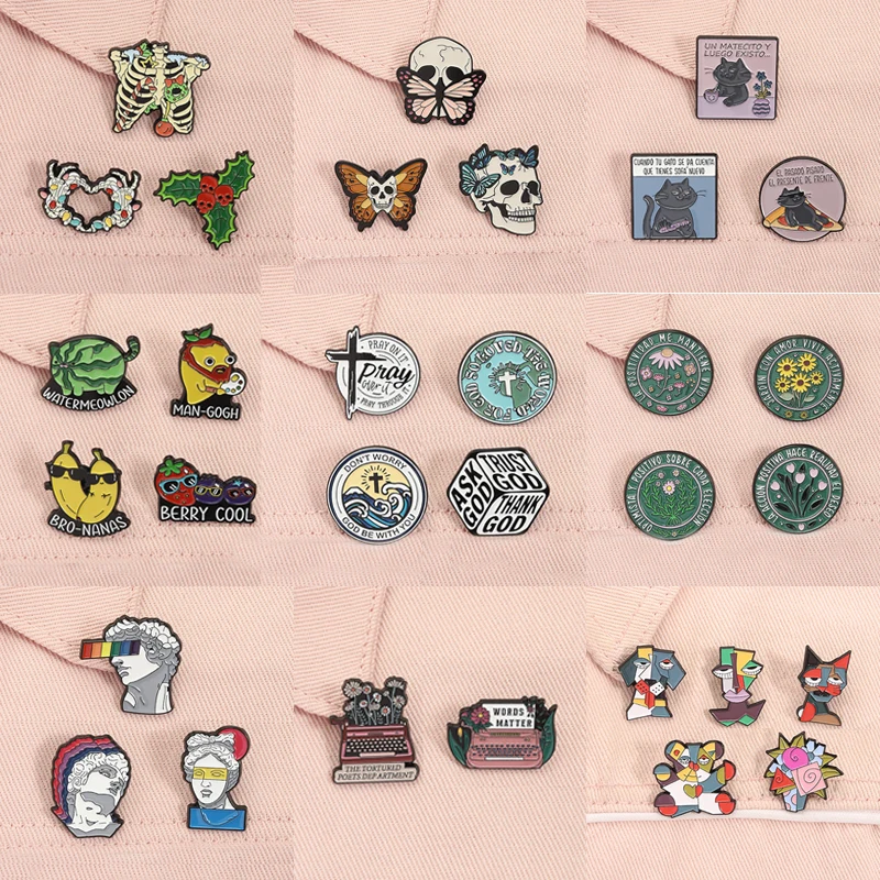 2-5pcs Halloween Skeleton Enamel Pins Skull Butterfly Rib Cage Abstract Painting Religious Brooches Lapel Badge Jewelry Gifts