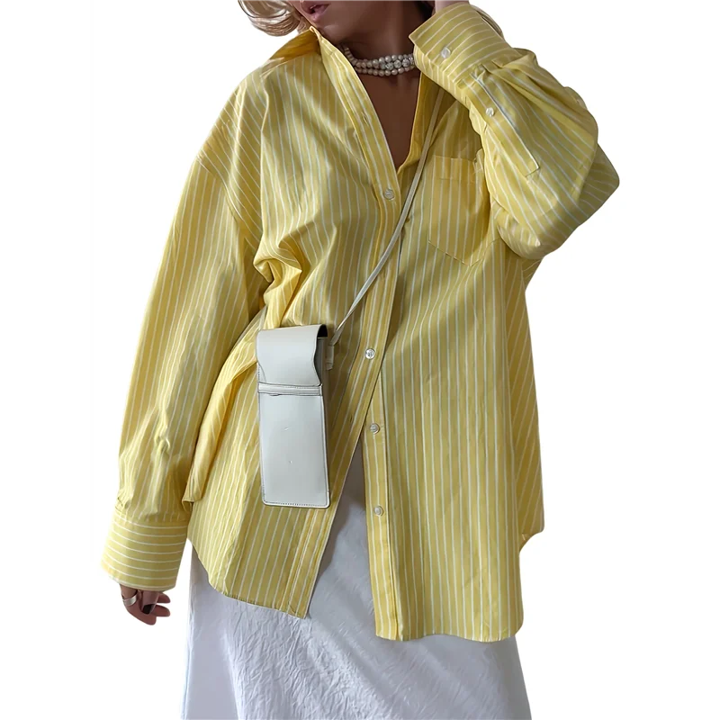 

CGS-Women's Oversized Striped Button Down Shirt Sun Protection Yellow Tops Long Sleeve Blouse Tops