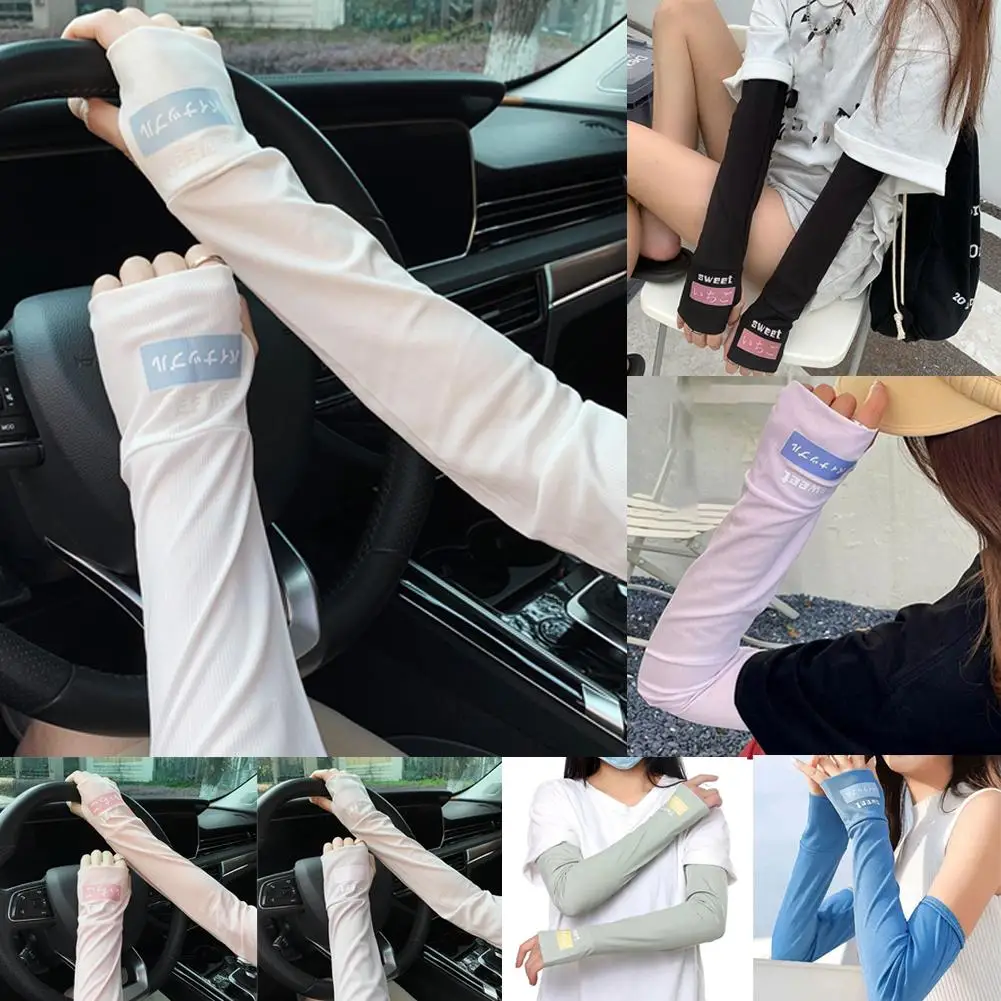 Summer Long Fingerless Gloves Women Sun Protection Sleeve Ice Cover Driving With Sleeve Cooling Sunscreen Silk Arm Thumb Ho I4Y6