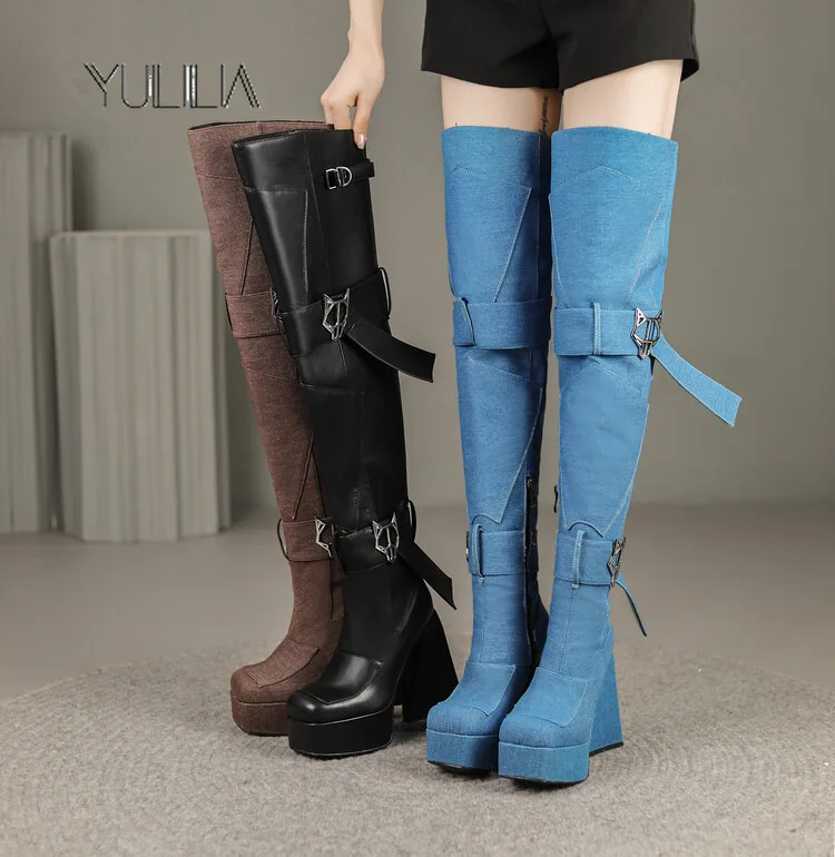 

YULILIA Sexy Fashion Nightclub Party Wedding Office Super High Heel Platform Buckle Women's Leather High Boots Over Knee Boots