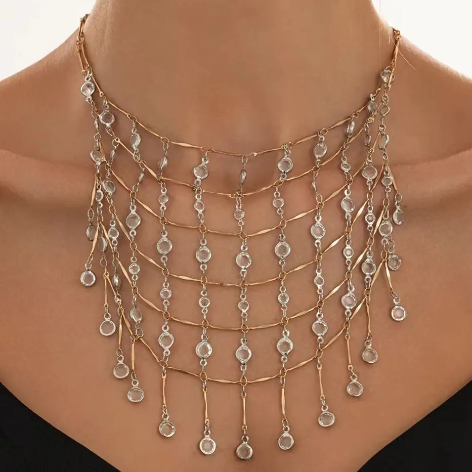 Salircon Creative Elegant MultiLayer Crystal Tassel Necklace for Women Luxury Shiny Rhinestone Clavicle Chain Fashion Jewelry