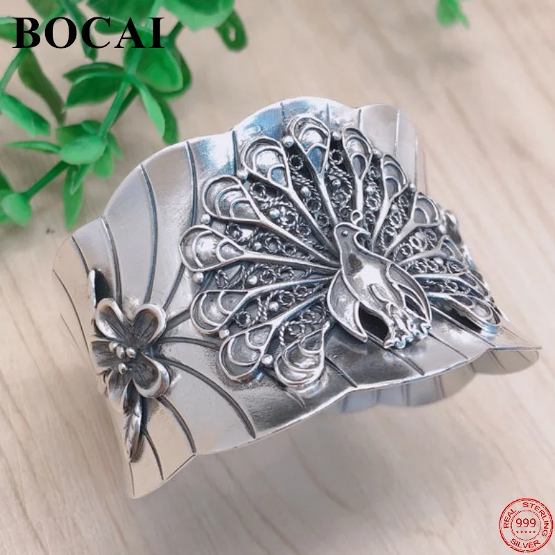 BOCAI S925 Sterling Silver Bracelets for Women New Fashion Emboss Peacock Flaunting its Tails Wide Bangle Jewelry Free Shipping