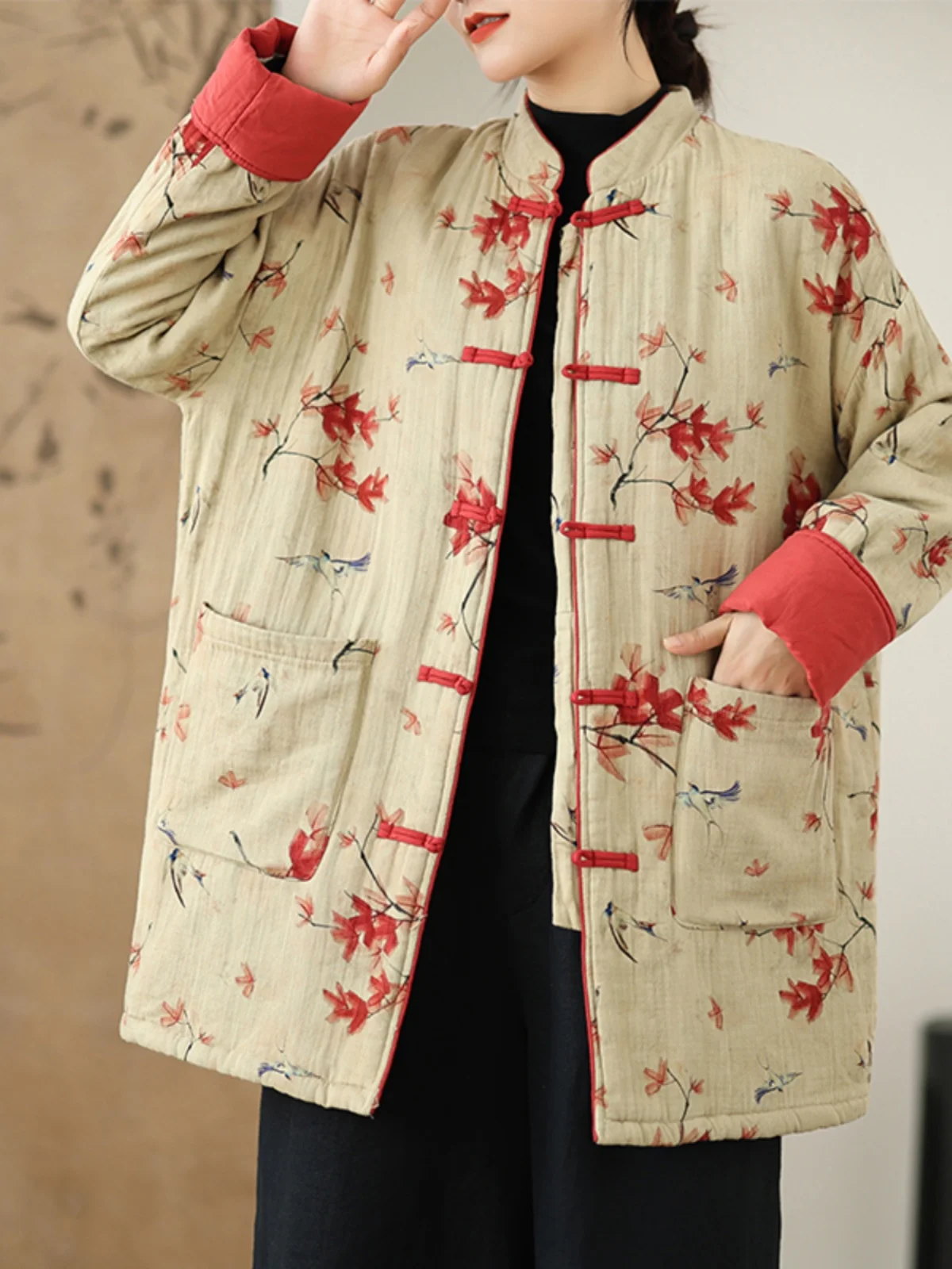 

Ele Stand Collar Button up Cotton Jaet Retro Women's Sle Faionable Autumn Winter New Chinese Sle Coat