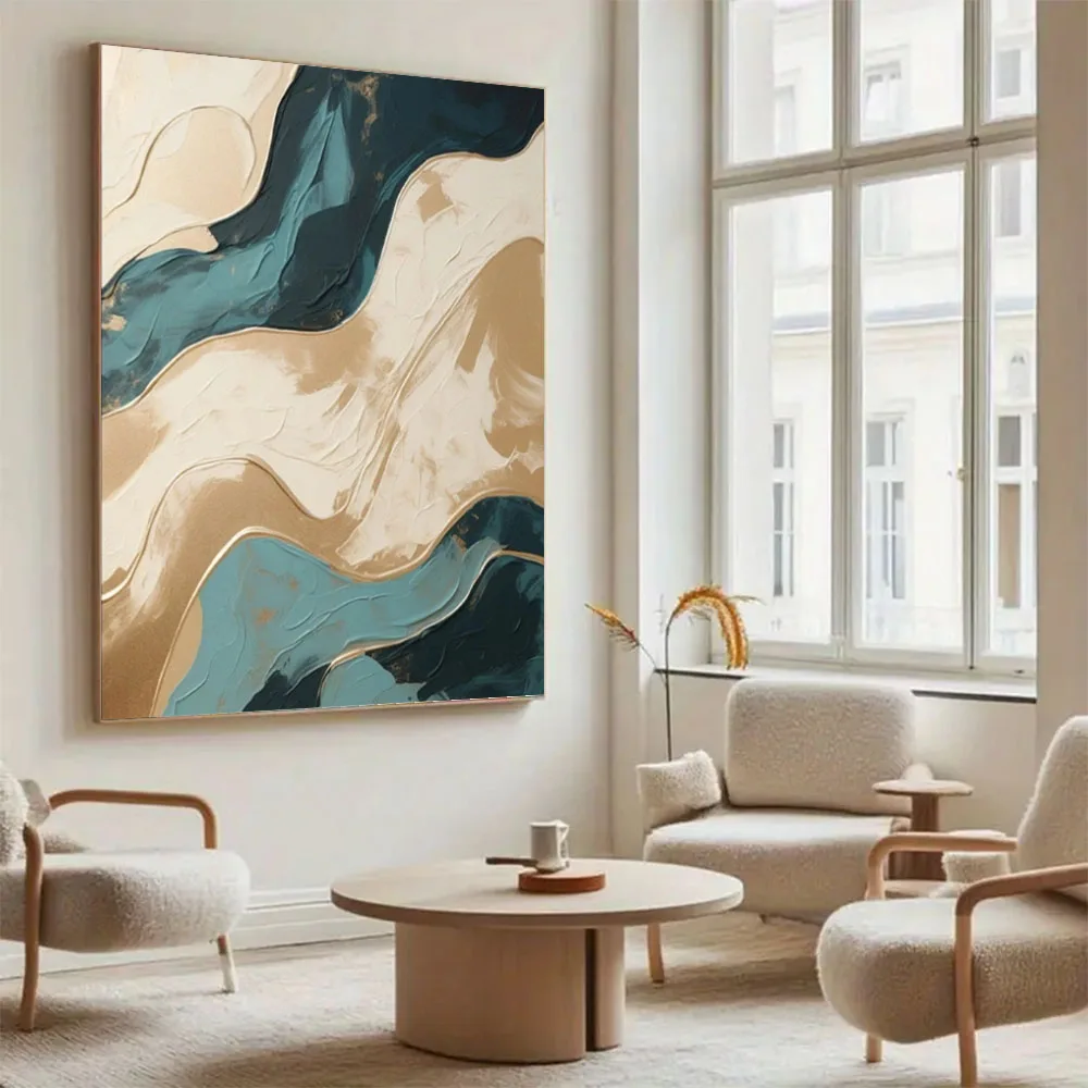 

Modern Wall Art Gold Oil Painting 100% Hand-Painted Blue Acrylic Texture Abstract Poster For Living Room Home Decor Picture