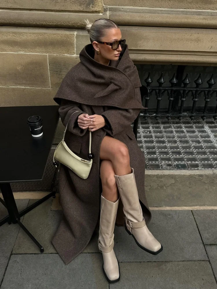 Fashion Shoulder Pad Solid Wool Overcoat Women Elegant Lapel Single-breasted Long Sleeve Coat 2025 Autumn Lady Commuter Outwear