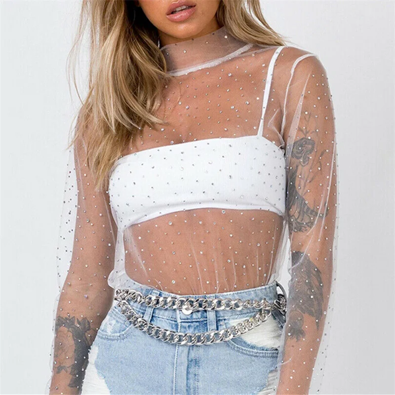 Women Fashion Sexy Sheer T Shirt Mesh Top Transparent Tops