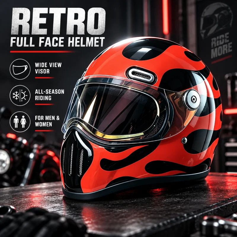 Retro Full Face Motorcycle Helmet All Season Motorbike Riding Helmet with Wide Visor Ventilation for Men Women