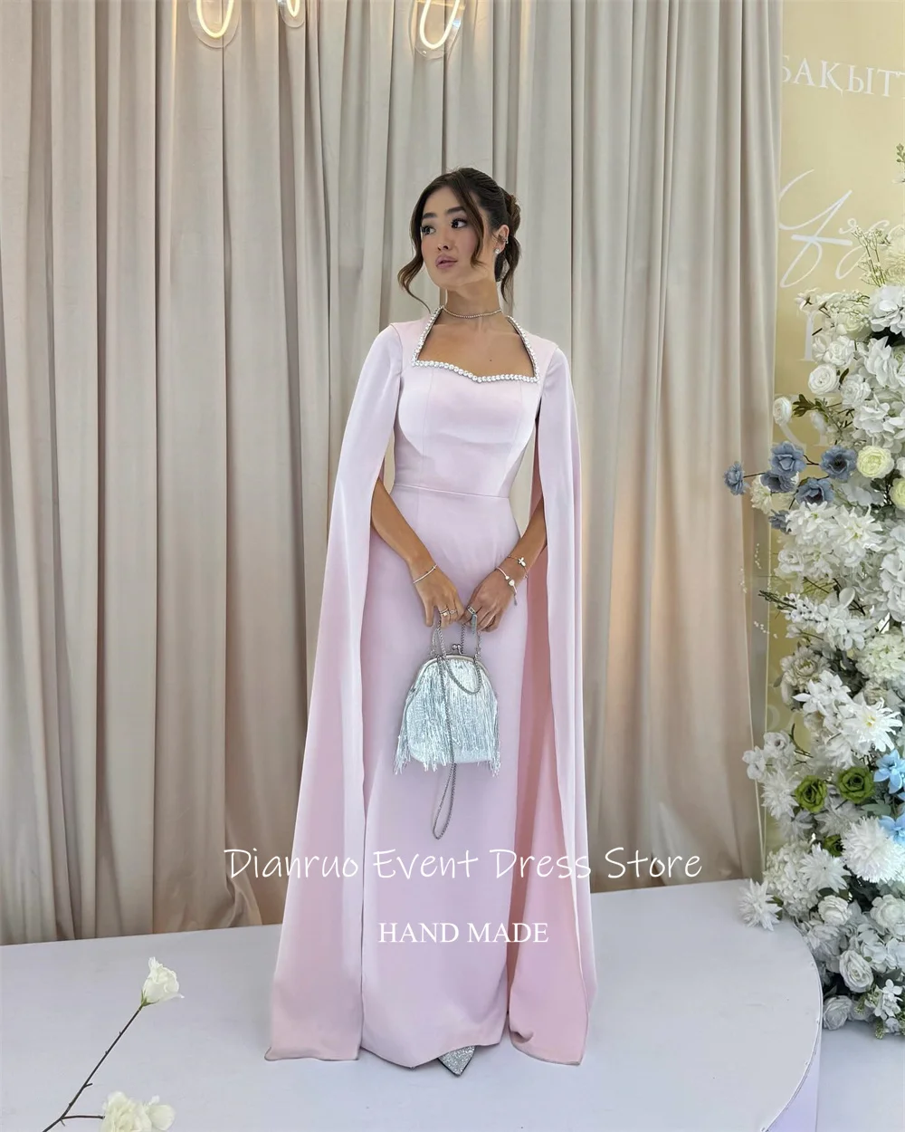Dianruo блестящее вечернее платье с кристаллами, атласное прямое винтажное платье для особых случаев, розовые халаты с длинными рукавами, вечернее платье по индивидуальному заказу