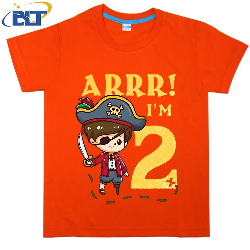 Camiseta estampada do capitão pirata infantil, blusa casual de manga curta, algodão de verão, adequada para meninos e meninas, segundo aniversário