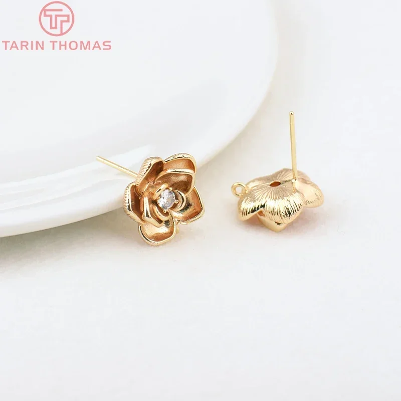 (2080)6PCS 14MM Hole 1MM 24K Gold Color Brass with Zircon Flower Stud Earrings High Quality DIY Jewelry Making Findings