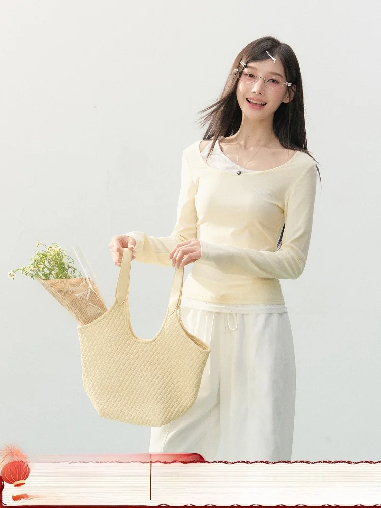 

ELEVEN SP Новинка весенней коллекции: Женский топ с декоративными элементами, приталенный, с длинным рукавом, повседневный, однотонный, вязаный, с высокой талией